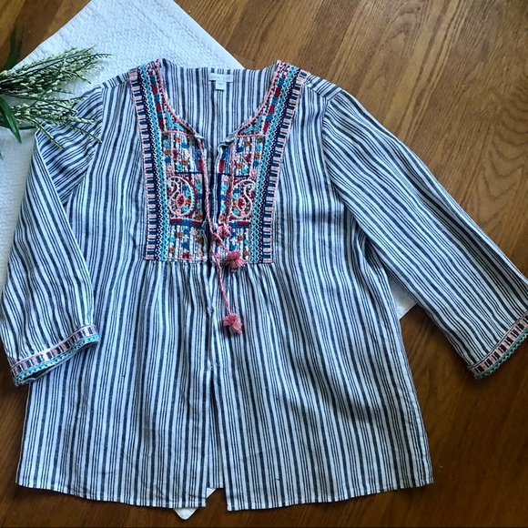 J.Jill Love Linen Striped Embroidered Top Jacket S - Picture 2 of 11